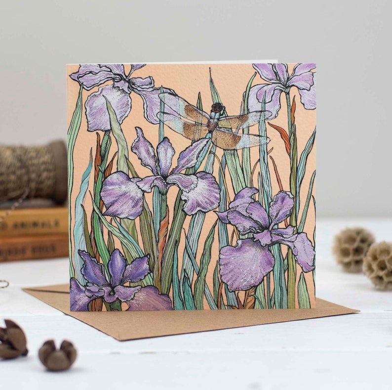 Dragonfly and Bearded Iris Greeting Card image 1