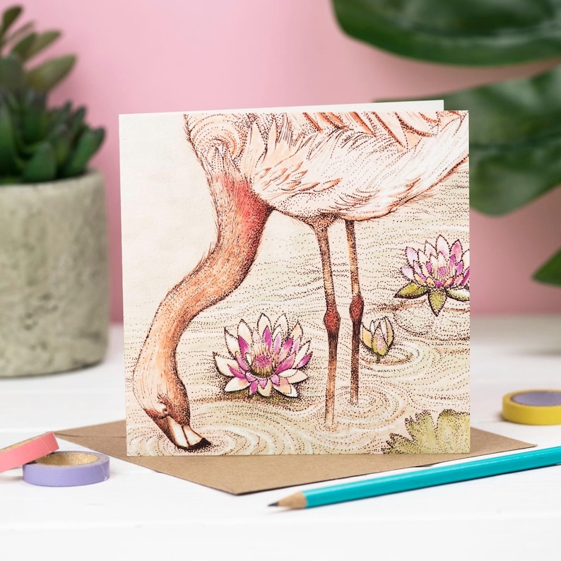 flamingo, art, birthday card, card, greeting card, hand finished, bioglitter