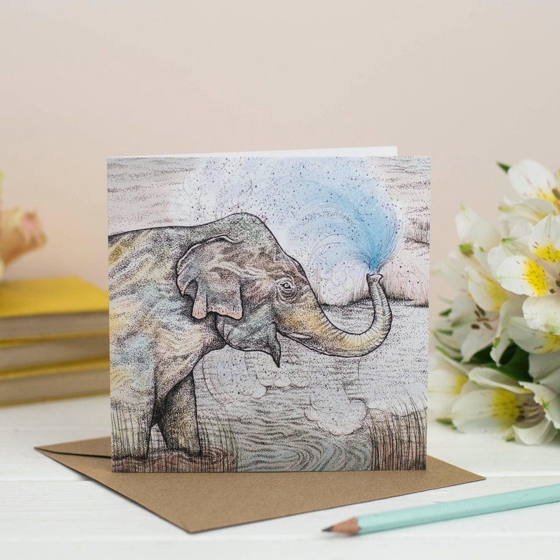 elephant, safari, animal, art, card, art card, birthday card, greeting card, bio glitter, hand finished