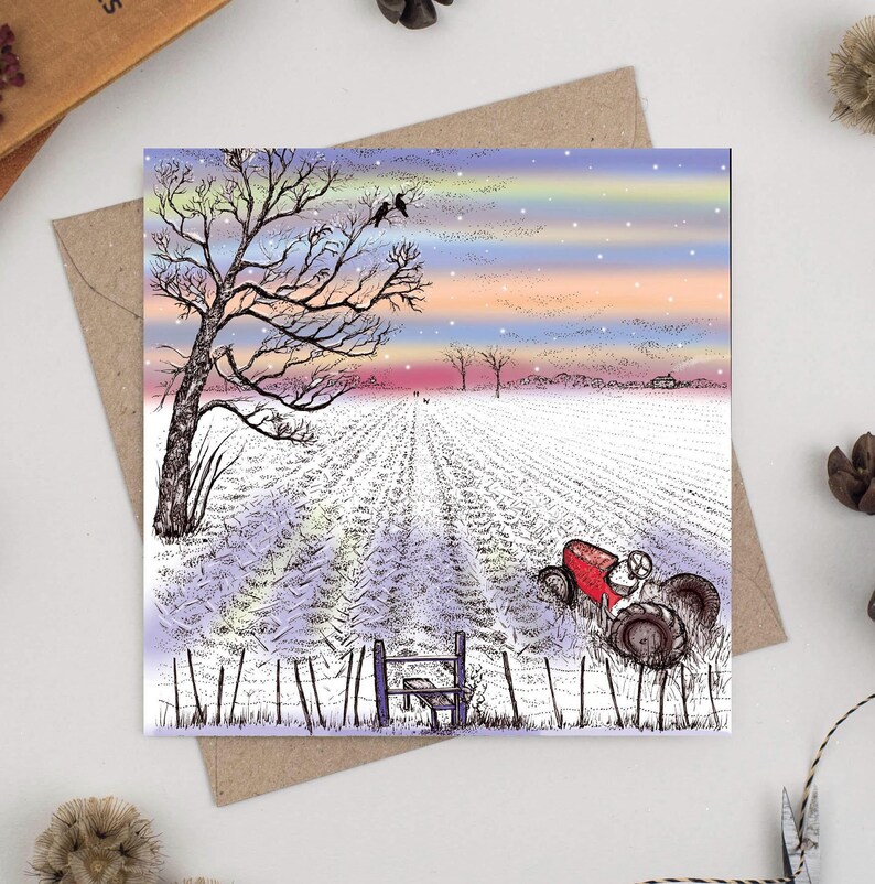 tractor, landscape, farm, greeting card, art, illustration, birds, christmas, christmas card, hand finished, hand drawn, bio glitter, biodegradable, eco friendly, recycled, recyclable, compostable, nature, wildlife, for her, for him, for couples