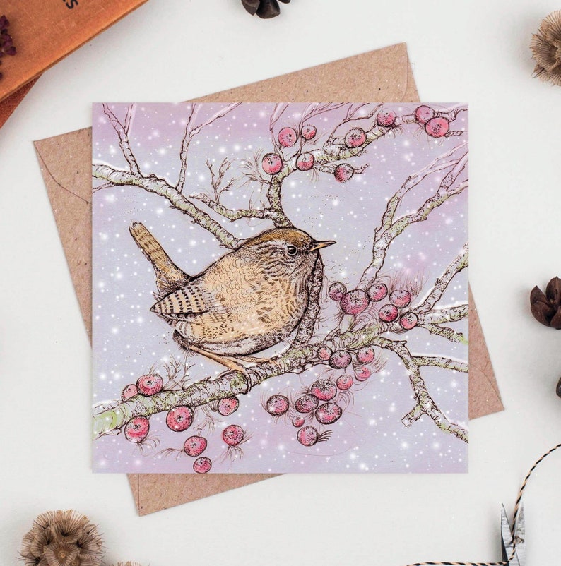 wren, greeting card, art, illustration, birds, christmas, christmas card, hand finished, hand drawn, bio glitter, biodegradable, eco friendly, recycled, recyclable, compostable, nature, wildlife, for her, for him, for couples