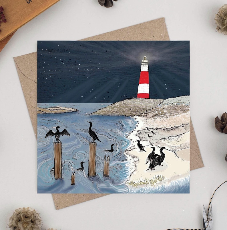 cormorant, bird, art, illustration, lighthouse, seaside, coastal, greeting card, christmas, bio glitter, biodegradable, recycled, recyclable, compostable, hand drawn, wildlife, nature