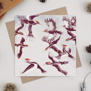 woodpeckers, christmas, christmas card, greeting card, for him, wildlife, birds, nature, illustration, art, compostable, recycled, recyclable, eco friendly, hand finished, bio glitter