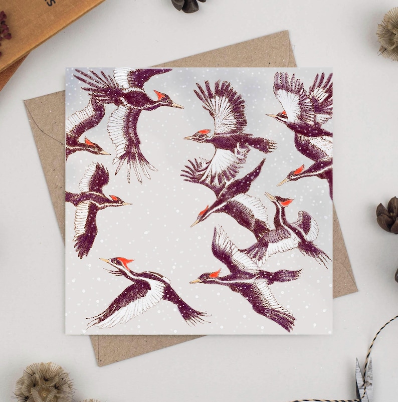 woodpeckers, christmas, christmas card, greeting card, for him, wildlife, birds, nature, illustration, art, compostable, recycled, recyclable, eco friendly, hand finished, bio glitter