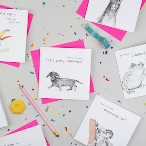 May include: A collection of greeting cards with humorous animal illustrations and text. The cards feature a toucan, a dachshund, a frog, a koala, and a llama. The cards are on a light grey surface with pink confetti.