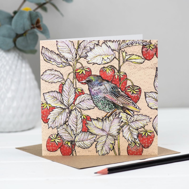 birthday card, art card, card, starling, bird, hand finished, bio glitter