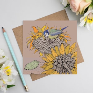 Tarjeta de felicitación con herrerillo común y girasol
