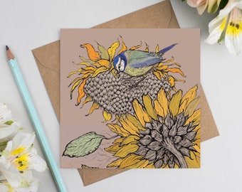 Blue Tit and Sunflower Greeting Card