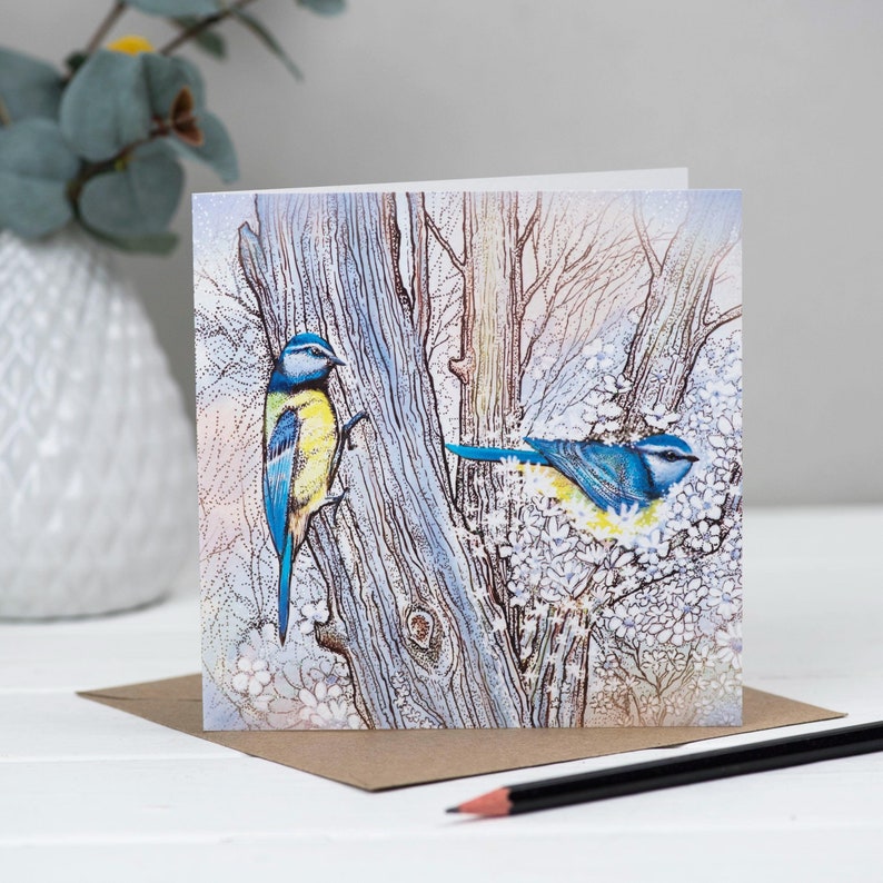 bird, blue tit, floral, birthday, card, art card, hand finished, bioglitter