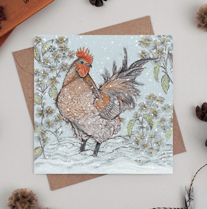 cockerel, greeting card, art, illustration, birds, christmas, christmas card, hand finished, hand drawn, bio glitter, biodegradable, eco friendly, recycled, recyclable, compostable, nature, wildlife, for her, for him, for couples