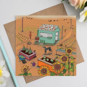 allotment, garden, gardening, dog, vegetables, wildlife, art card, art, birthday card, greeting card, hand drawn, illustration, compostable, bio glitter, eco friendly, hand finished, card for him, card for her