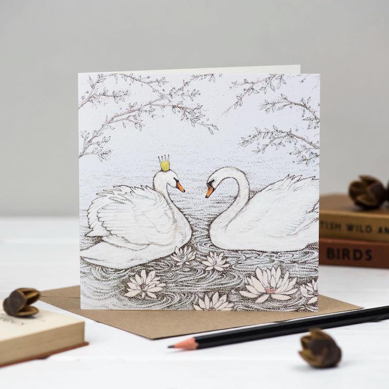 swans, anniversary, wedding, christmas, christmas card, illustration, art, compostable, greeting card, biodegradable, bio glitter, hand finished, recycled, recyclable, compostable, birds, nature, wildlife, hand drawn