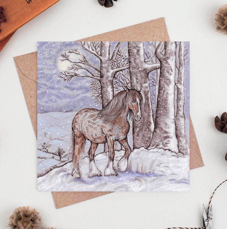 shire horse, horse, greeting card, illustration, winter, christmas, christmas card, hand finished, hand drawn, bio glitter, biodegradable, eco friendly, recycled, recyclable, compostable, nature, wildlife, for her, for him, for couples, landscape