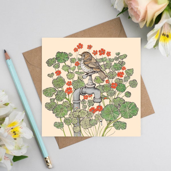 Song Thrush and Nasturtium Greeting Card