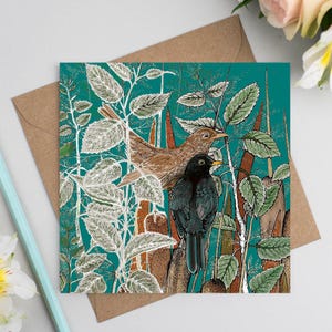 blackbirds, couple, wildlife, art card, art, birthday card, greeting card, hand drawn, illustration, compostable, bio glitter, eco friendly, hand finished, birds