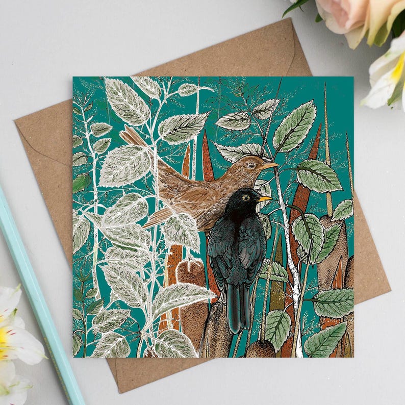 blackbirds, couple, wildlife, art card, art, birthday card, greeting card, hand drawn, illustration, compostable, bio glitter, eco friendly, hand finished, birds