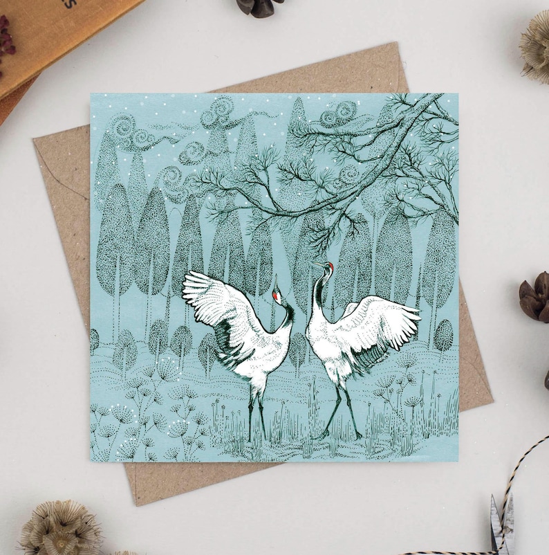 cranes, japan, greeting card, art, illustration, birds, christmas, christmas card, hand finished, hand drawn, bio glitter, biodegradable, eco friendly, recycled, recyclable, compostable, nature, wildlife, for her, for him, for couples