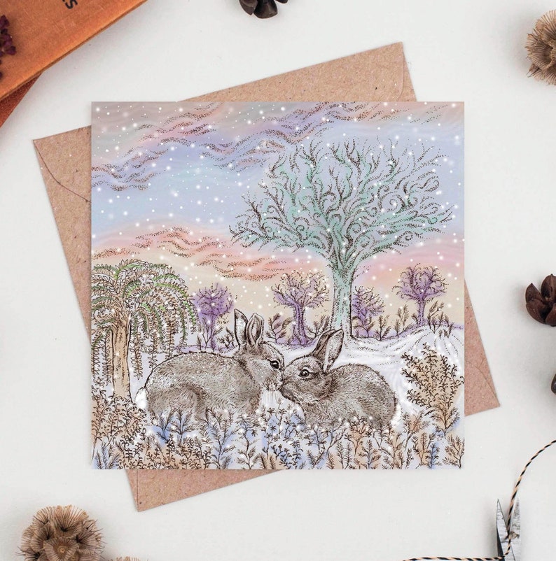 rabbit, bunny, greeting card, illustration, animals, christmas, christmas card, hand finished, hand drawn, bio glitter, biodegradable, eco friendly, recycled, recyclable, compostable, nature, wildlife, for her, for him, for couples, winter wedding