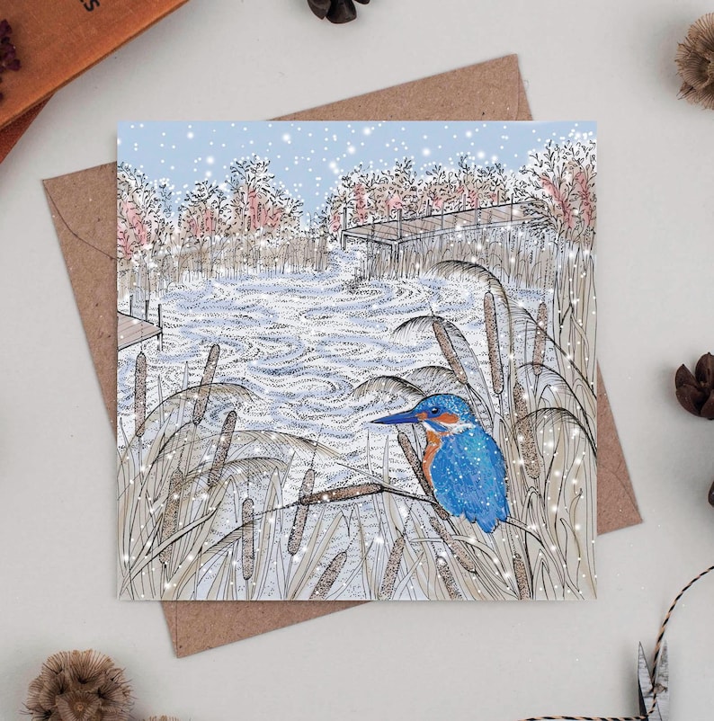 kingfisher, greeting card, art, illustration, birds, christmas, christmas card, hand finished, hand drawn, bio glitter, biodegradable, eco friendly, recycled, recyclable, compostable, nature, wildlife, for her, for him, for couples
