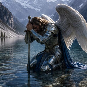 May include: A kneeling figure in silver armor with large white wings, holding a sword, kneels in a lake. The figure has long brown hair and a blue cape. Mountains and a lake fill the background, creating a dramatic scene.