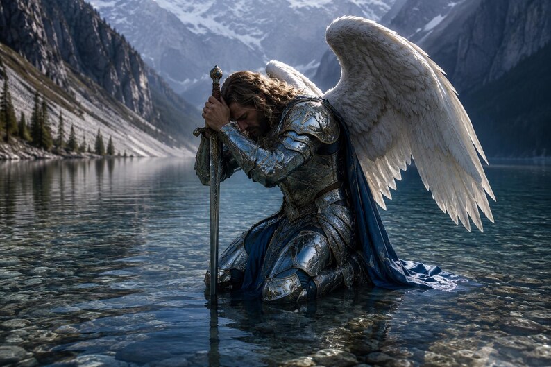 May include: A kneeling figure in silver armor with large white wings, holding a sword, kneels in a lake. The figure has long brown hair and a blue cape. Mountains and a lake fill the background, creating a dramatic scene.