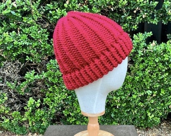 Hand-knit Winter Hat - Red, Puff Optional