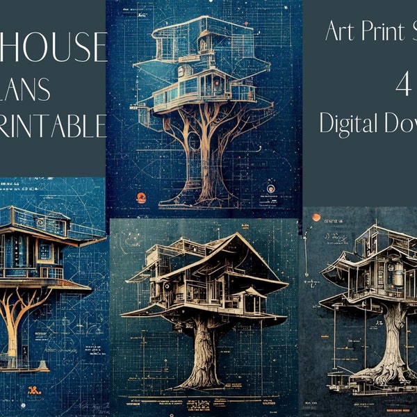 Treehouse Plans art printable, digital download artwork, tree house art print, concept art, tree sketch illustration, blueprint schematic