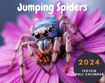 2024 Jumping Spiders 12x12in Wall Calendar, full size with event dates, Christmas gift for spider lover, arachnid fancier, cute kawaii spood