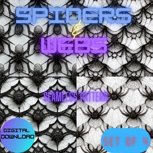 Könnte beinhalten: Ein Set aus vier digitalen nahtlosen Mustern mit schwarzen und weißen Spinnen und Netzen. Der Text "Spiders & Webs Seamless Pattern" wird in der Mitte des Bildes angezeigt. Der Text "Set of 4" wird in der unteren rechten Ecke des Bildes angezeigt.