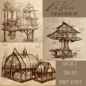 Da Vinci&#39;s Greenhouse sepia sketch on parchment giclee fine art prints, aged building sketches, botany, architecture, steam punk design