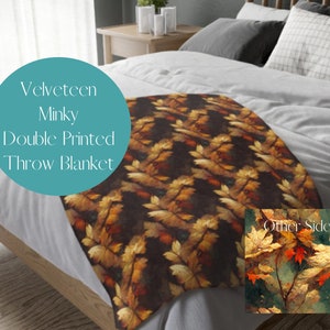 Velveteen Minky Blanket (Two-sided print), Fall/Autumn couch throw decor, different falling leaves print on each side, 2 blankets in 1