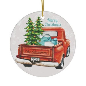 Personalized Merry Christmas Red Truck Family Name metal Ornament, custom family name and year 2024