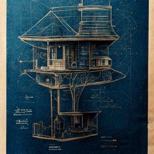 May include: A blueprint style illustration of a treehouse with multiple levels. The treehouse is drawn in gold on a dark blue background.
