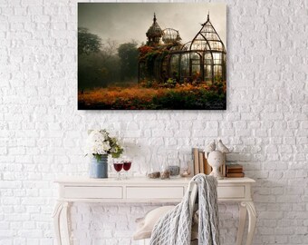 Autumn Greenhouse, abandoned green house landscape metal print, 30x22in, fall home wall decor, farmhouse country wall art, fine art print