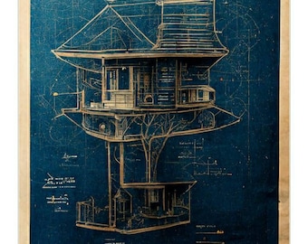 Treehouse Blueprint fine art paper print, tree house plans wall decor, archival ink giclee, acid-free paper, architecture drawing