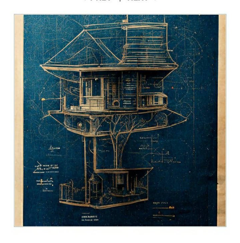 May include: A blueprint style illustration of a treehouse with a detailed cross-section view. The treehouse is built on a large tree trunk and has multiple levels. The illustration is on a dark blue background.