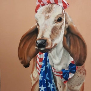 Clifford- CANVAS PRINT- 16X20IN- patriotic, American flag, red, white, blue, cow fine art, patriot, farmhouse style wall decor, realism, USA