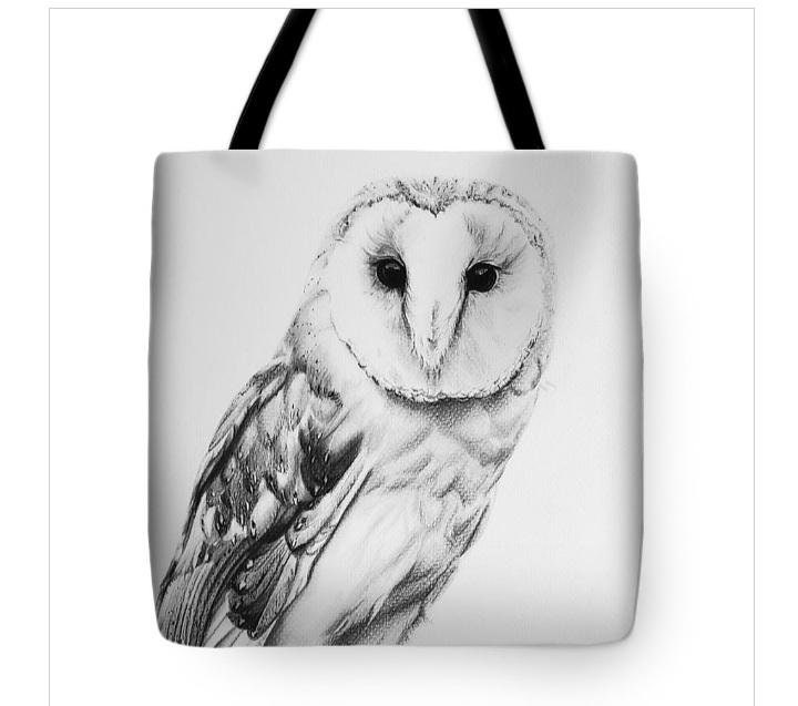 Barn Owl in charcoal- tote bag, black and white fine art drawing, bird of prey, farmhouse apparel, c