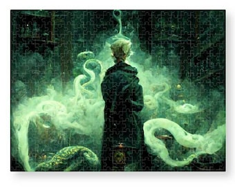 Mischief Managed, 18x24in 500 piece jigsaw puzzle, Snake House wizard world, green magic potions class, blonde wizard boy, famous wizard fan