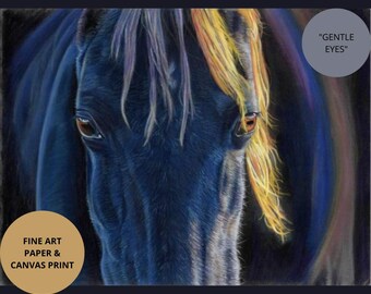 Gentle Eyes horse portrait equine fine wall art, horse lover gift, blue horse decor, giclee housewarming gift, macro horse eyes drawing