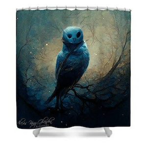 The Great Escape, barn owl fabric shower curtain, Halloween bathroom decor, spooky bath accessories, 71&quot;w X 74&quot; t