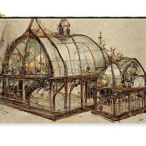 Greenhouse Plans t-bottom pouch, large zipper clutch 12.5x8.5in, antique Da Vinci style green house plans illustration design, sepia sketch