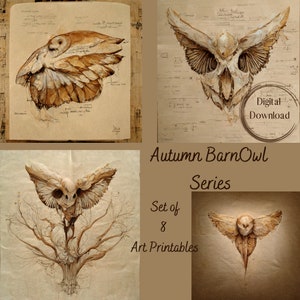 Autumn BarnOwl illustration series, digital download printable, bird, feather, Da Vinci style parchment paper journal, tree drawing wall art