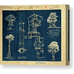 Treehouse Schematics giclee canvas print, blueprint plans wall art, architecture design, architectural wall decor, tree house illustration