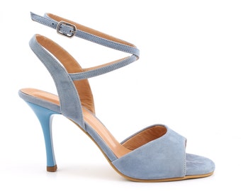 light blue suede block heels