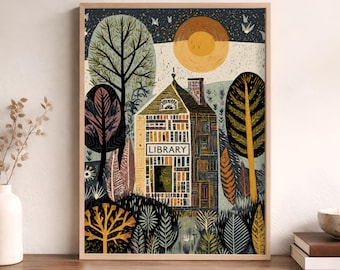 Library Wall Art, Folk Art Library Print, Book Lover Gift, Whimsical Bookish Art, Rustic Reading Room Decor, Colorful Linocut Print