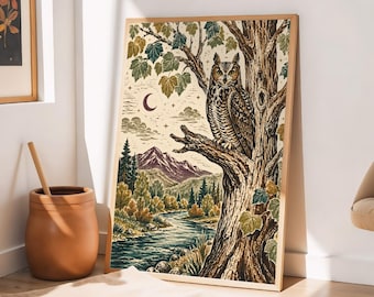 Great Horned Owl Wall Art, Colorado River Landscape Print, Rustic Linocut Owl Artwork, Cottonwood Tree Nature Decor