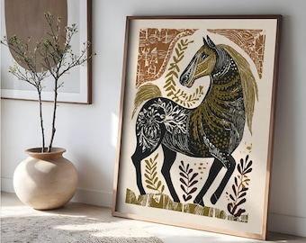 Folk Art Horse Print, Rustic Horse Wall Art, Linocut Equestrian Artwork, Western Botanical Decor, Boho Horse Poster
