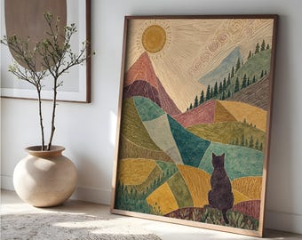 Mountain Lion Wall Art, Folk Art Landscape Print, Colorful Linocut Style Nature Decor, Rustic Cabin Wall Art, Whimsical Cat Lover Gift