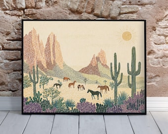 Southwestern Wall Art, Desert Mule Print, Saguaro Cactus Folk Art, Rustic Santa Fe Landscape, Linocut Inspired Desert Decor